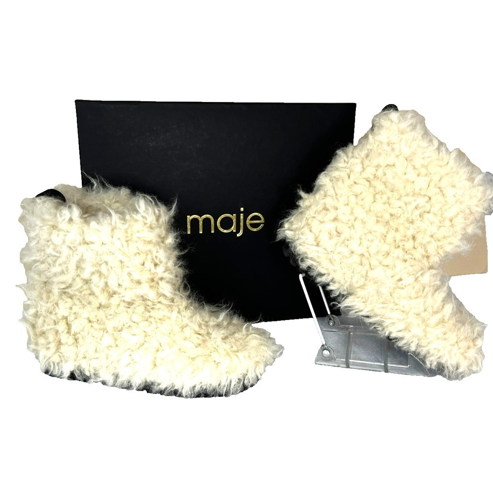 NWOB Maje Faux Shearling Calf Boots Sparkle Tab Pull Rubber Bottom Sole SZ 7.5